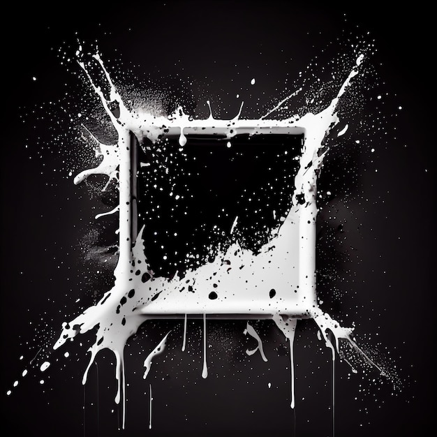 Photo a square frame with white paint splashes on black background