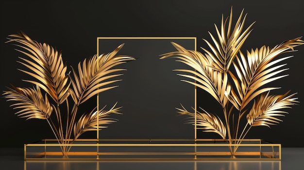 Квадратная стеклянная платформа с золотыми пальмовыми листьями на черном фоне Современная иллюстрация прозрачного пластикового подиума для презентаций роскошных продуктов Желтая арка Декорация сценического макета