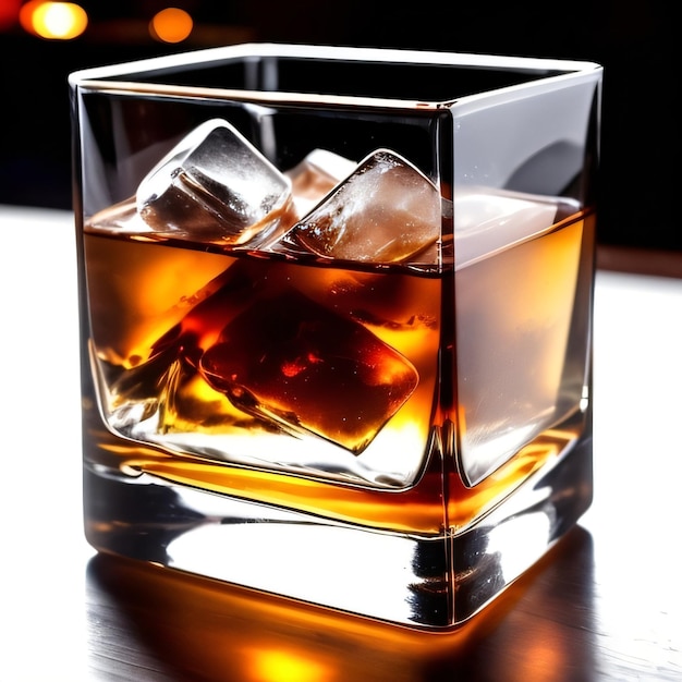 A square glass of whiskey with ice cubes on a table.