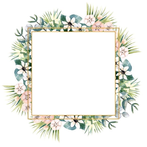 Photo square gold frame with small flowers of actinidia, bouvardia, tropical and palm leaves