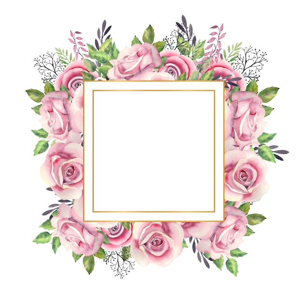 Square gold frame with a watercolor flowers