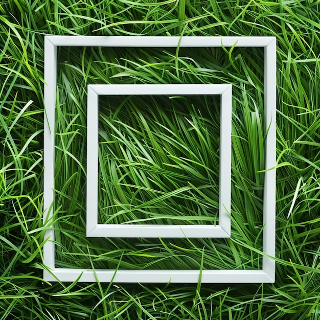 a square in the grass that is white