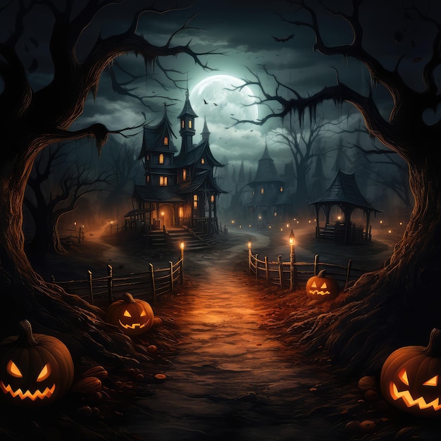 Square Halloween background with haunted house and pumpkins