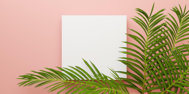 Foto mockup di carta di invito quadrata con foglia di palma su tavolo rosa mockup di piazza vista dall'alto con foglie di palma verdi mockup di carta quadrata di invito