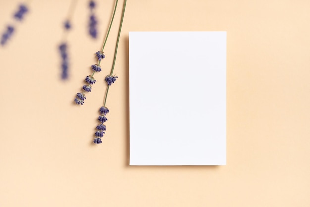 Mockup di biglietto di auguri bianco con invito quadrato con ramo di lavanda di fiori aa