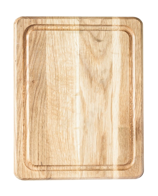 白で隔離される天然木から作られた正方形のキッチンまな板
