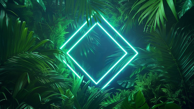Квадратная неоновая форма, излучающая яркий оттенок, в окружении диких тропических джунглей, неоновый резко определенный на фоне хаотической зелени, созданный с использованием яркого неонового оттенка AI Generative