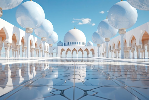 a square mosque with white columns and blue sky