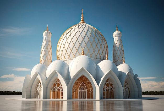 a square mosque with white columns and blue sky