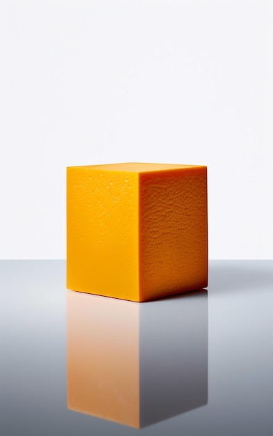 Photo a square orange cube is on a reflective surface.