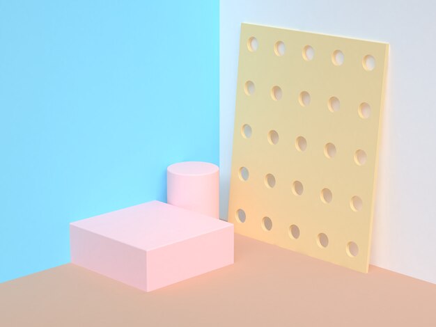 square pink podium blue white wall abstract corner scene 3d rendering