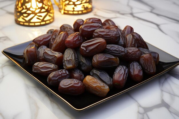 Square plate full of dates on marble surface