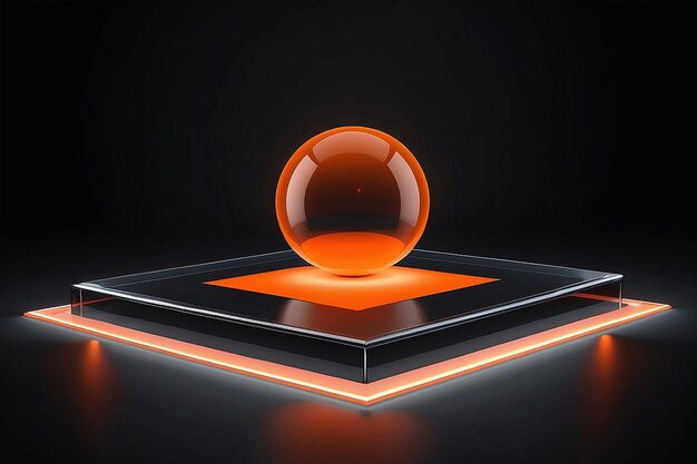 Photo square podium frosted glass floor with orange neon light glow ball on a black background