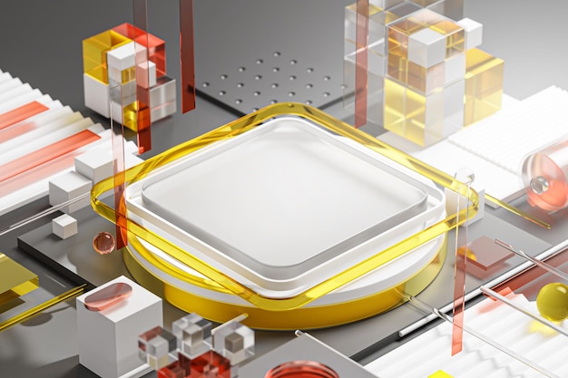 정연한 연단 제품 하이테크 개념 미래 네트워크 시스템 노란색 유리 3D 렌더링