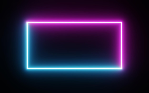 Square rectangle picture frame with two tone neon color motion graphic on isolated black background Blue and pink light moving for overlay element 3D illustration rendering Empty copy space middle