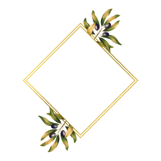 写真 オリーブの枝と葉のテキストのための正方形のロンブステンプレート 植物モチーフのフレームまたは境界 ロマンチックな可愛い結婚式の招待状のイラスト グリーティングカード 化品のラベルデザイン