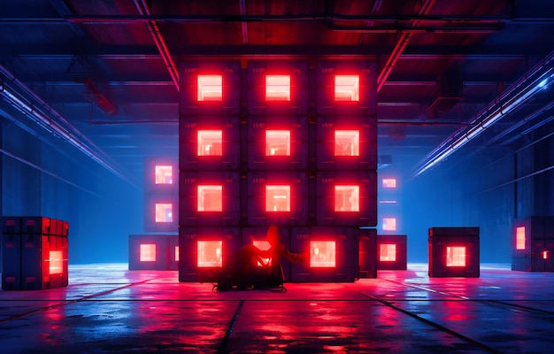 A square room with neon lights in the ceiling