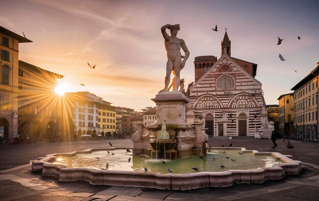 Photo square of signoria in florence at sunrise italy