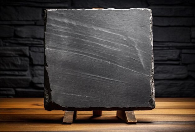 a square slate rests on a wooden surface in the style of dark gray