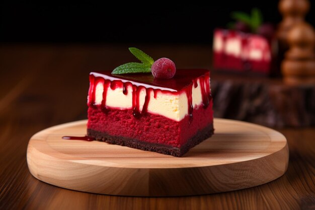 A square slice of chocolate cheesecake on a glass board