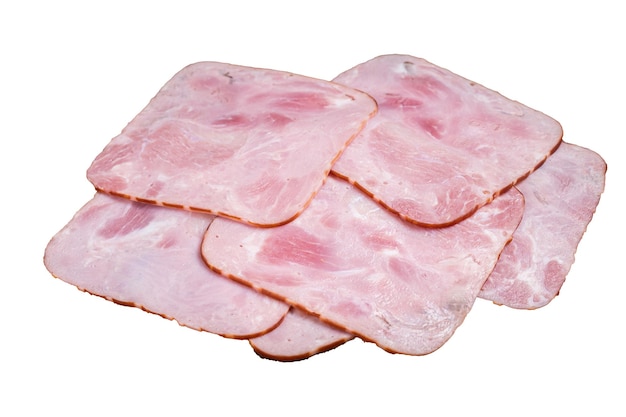 Square Slices of pork ham on wooden table Isolated on white background