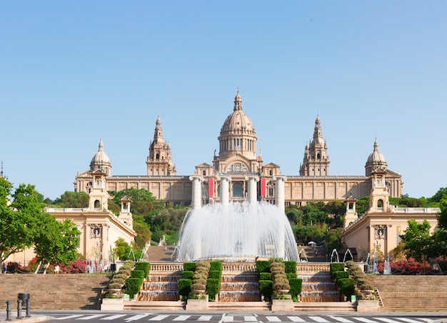 スペインの広場-夏の日に噴水があるバルセロナ国立博物館、スペイン