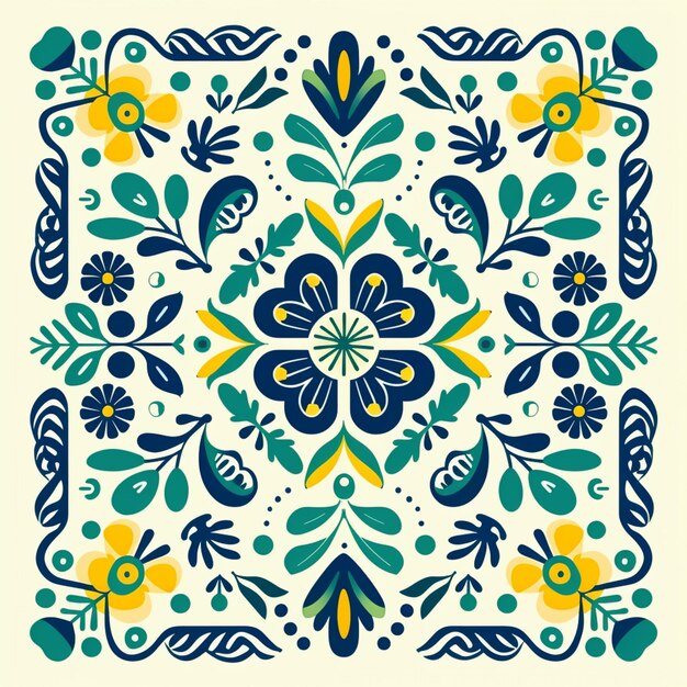 A square tile with a floral design in blue and yellow generative ai