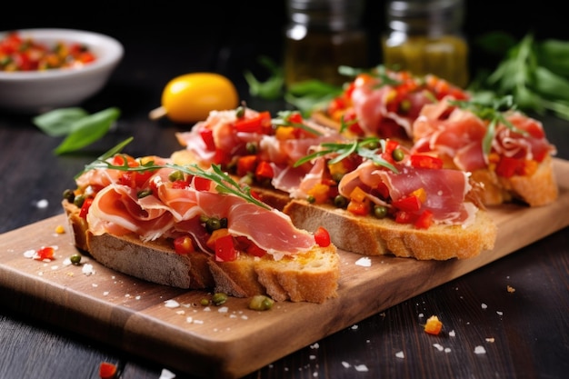 Bruschetta quadrata con prosciutto serrano e scaglie di peperoncino