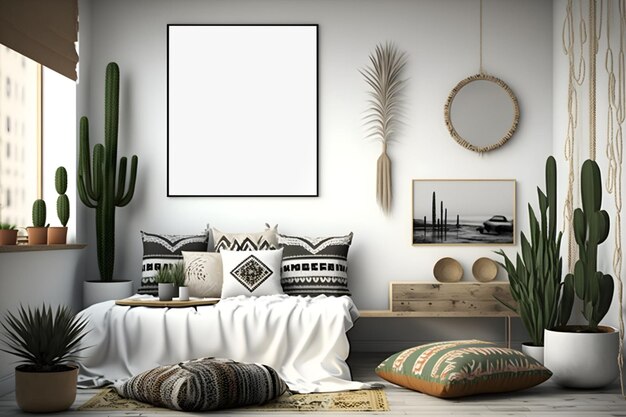 Square vertical frame mockup in boho style room interior with green plants sofa and pillows