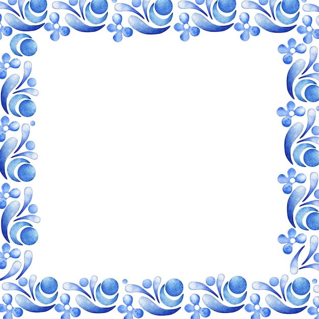 Square watercolor frame in folklore style Handdrawn blue ornament elements Folk ethnic style