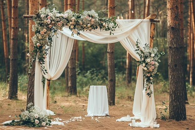 Square wedding altar decorated with bouquets stands