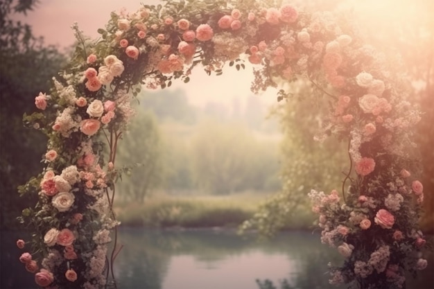 square wedding arch with roses on blurred background