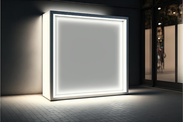 Photo square white blank lightbox mockup against wall next to large glass display case