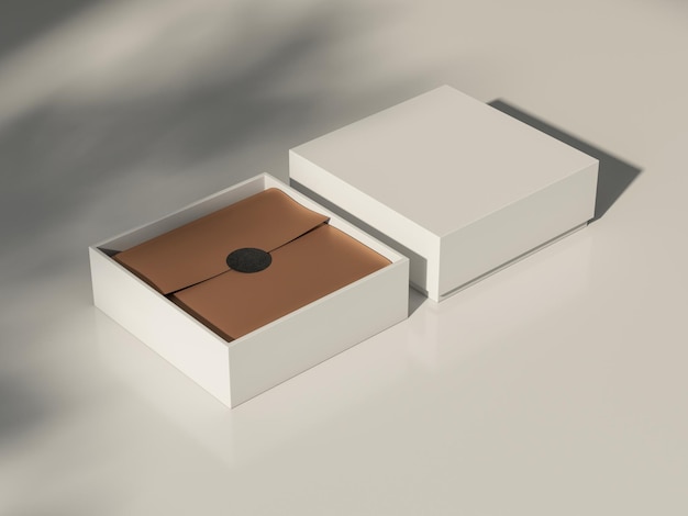 Square White Box Mockup with golden wrapping paper and sticker on white table, 3d rendering