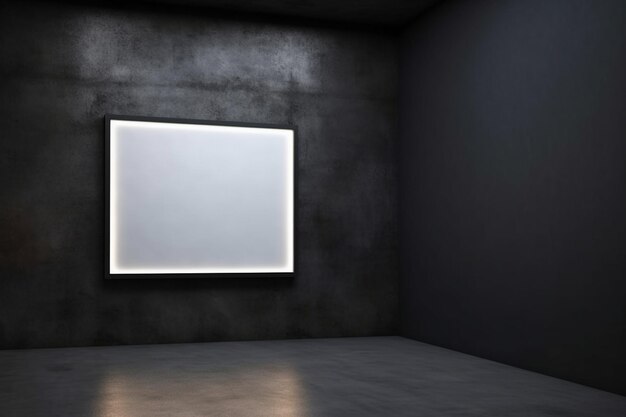 A square white frame on a dark wall with a light on it.