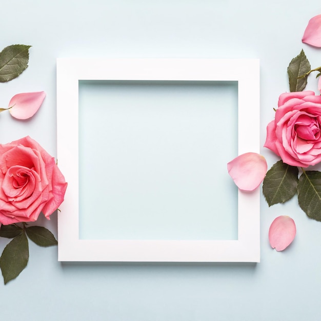 Square white frame and pink roses on blue background. Beautiful flower arrangement for your design.