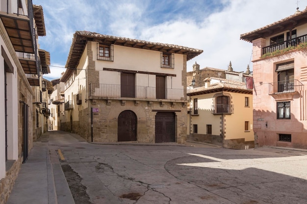 Square with unique building in Rubielos de Mora tourist town of Castellon Spain