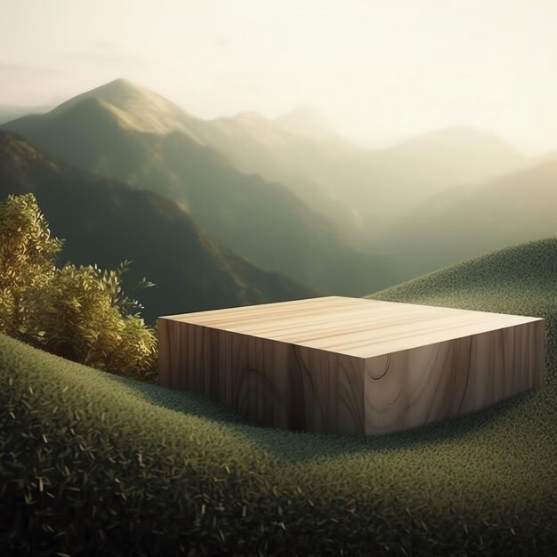 Photo a square wooden box sits on a hill in front of a mountain.