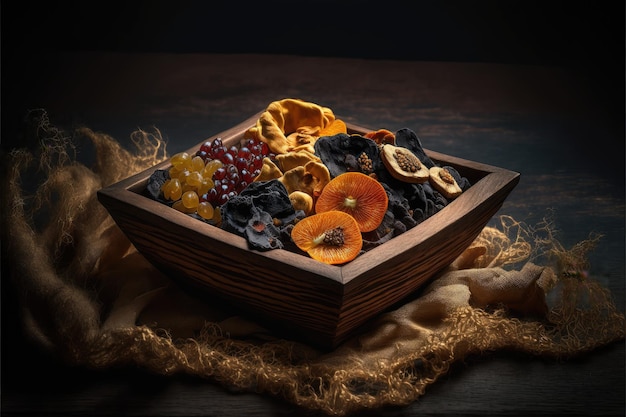 Square wooden box with dried apricots fruit berries