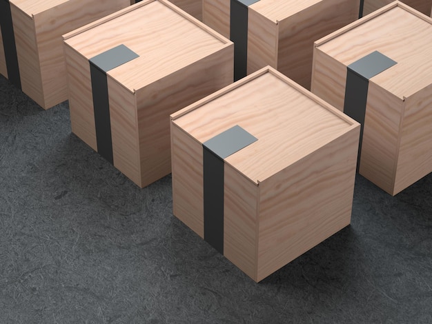 Square wooden boxes with black stickers, cover. 3d rendering