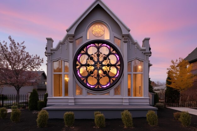 Photo squareon view of an illuminated rose window at twilight