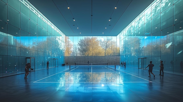 Photo a squash match in glass court players background