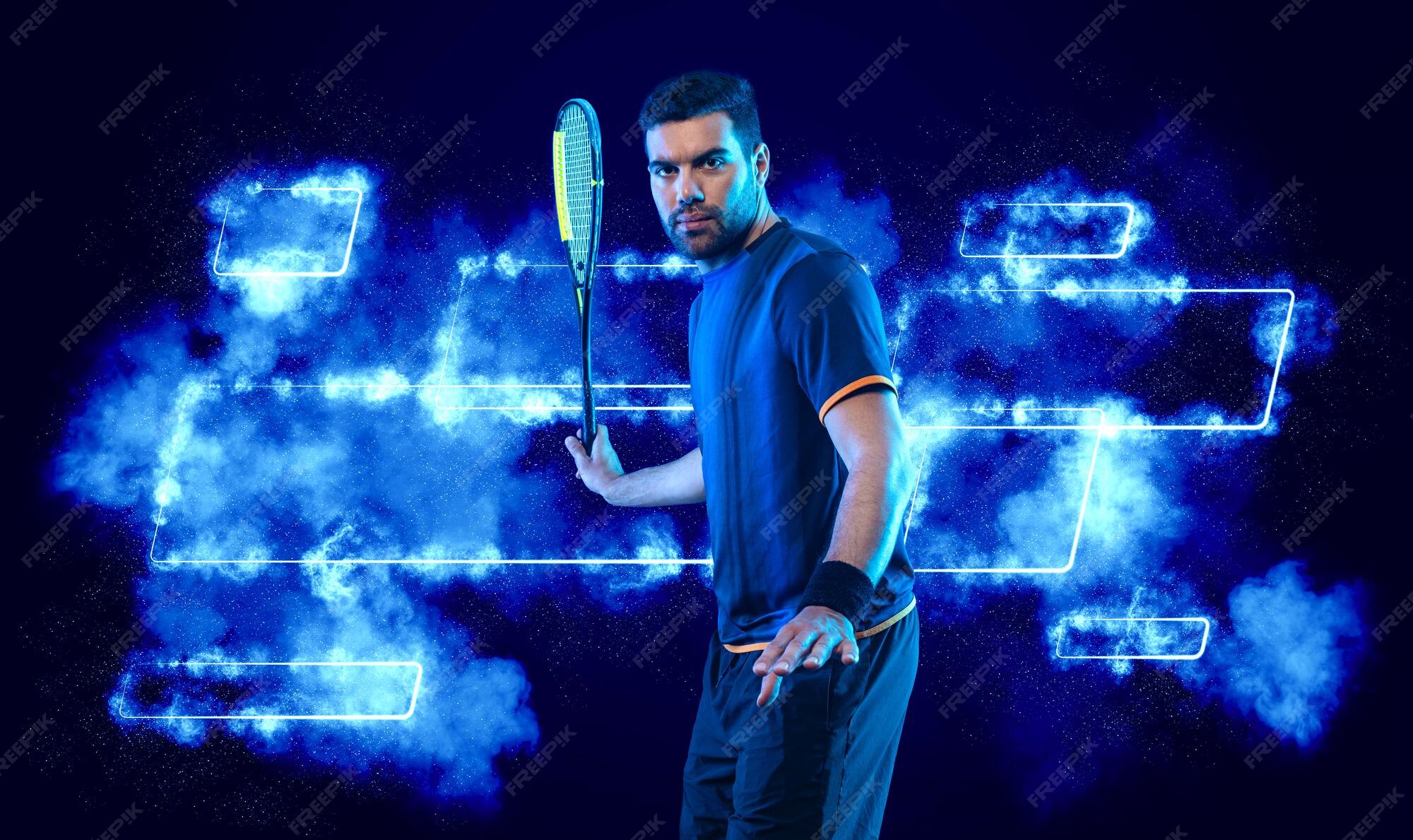 Premium Photo Squash player on a squash court with racket man athlete