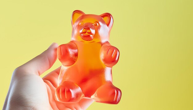 Photo squeezing a gummy bear between thumb and forefinger