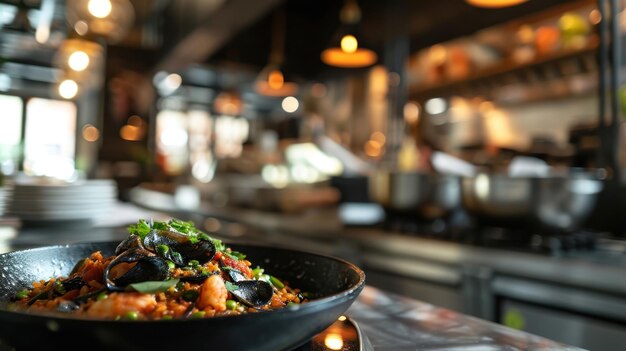 Squid Ink Paella tegen een stijlvol restaurantinterieur