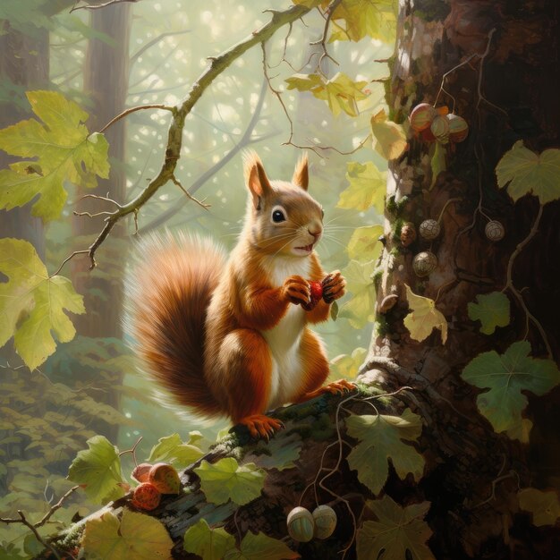 Photo squirrel in autumn forest a squirrel holds an acorn in its paws forest animals red fluffy squirrel a tree with yellow leaves oak