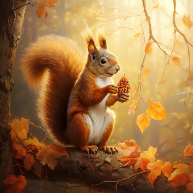 Squirrel in autumn forest A squirrel holds a cone in its paws Forest animals Red squirrel A tree with yellow leaves