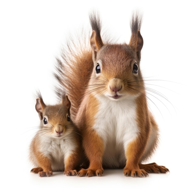 Squirrel and baby squirrel on white background Generative AI