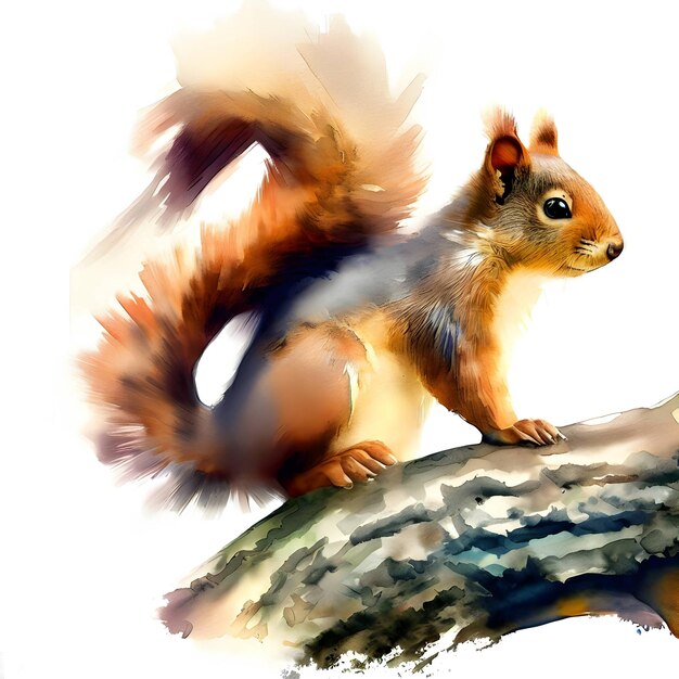 Squirrel on branch watercolor style isolated on white