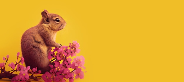 Squirrel on a branch over yellow background postcard for woman's day panoramic layout Generative Ai